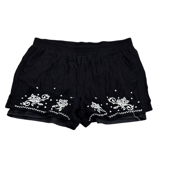 Black Womens Embroidered Shorts With Elastic Waist & Floral Design - Picture 1 of 6